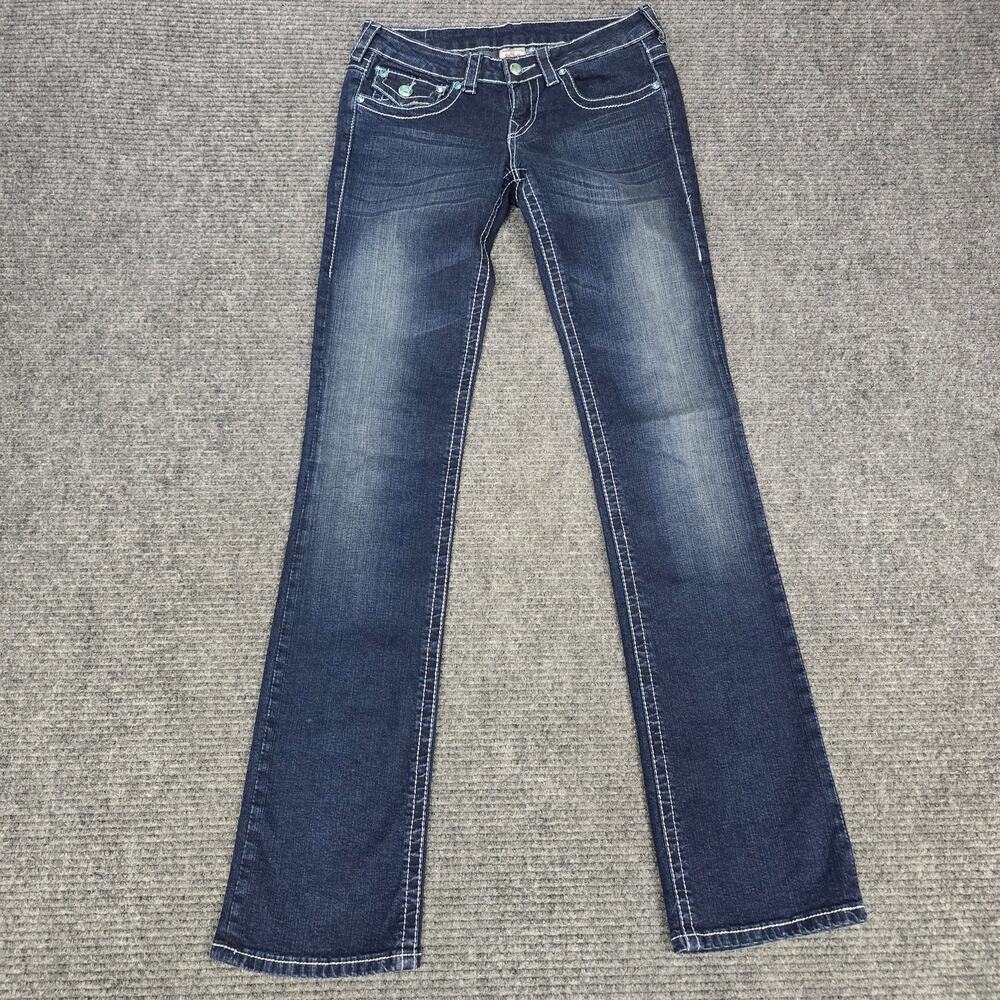 True Religion Jeans Womens 27x34 Dark Wash Rhinestone Horseshoe Flap Bootcut
